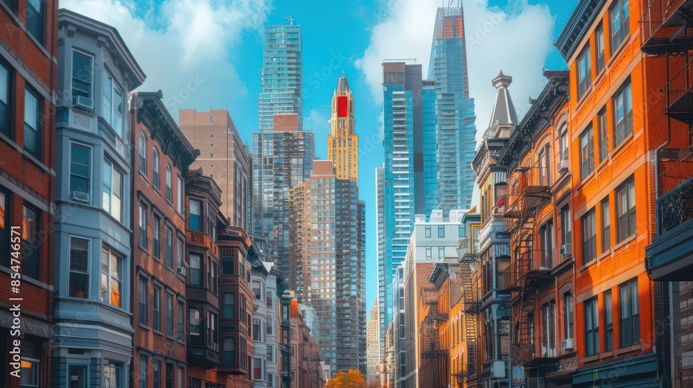 Obraz premium An urban design perspective featuring a mix of old and new buildings, highlighting the contrast between traditional architecture and modern skyscrapers