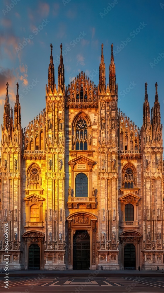 An intricate Gothic cathedral with towering spires and detailed stone carvings, illuminated by the soft glow of the setting sun An intricate Gothic cathedral with towering spires and detailed stone carvings, illuminated by the soft glow of the setting sun