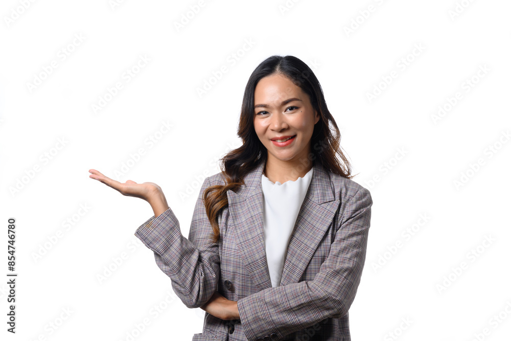 Attractive businesswoman in suit pointing on free space isolated on white background Attractive businesswoman in suit pointing on free space isolated on white background