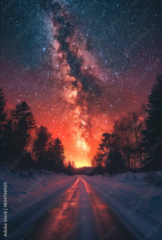Naklejka premium Snowy Forest Road Under Milky Way at Sunset