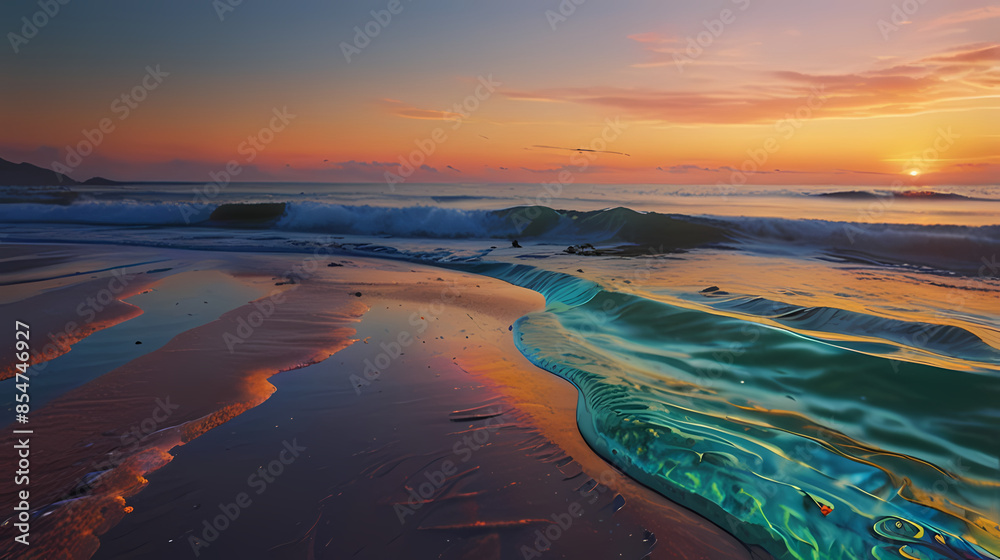 a serene beach at sunset with holographic waves washing onto the shore, reflecting the colors of the sky. a serene beach at sunset with holographic waves washing onto the shore, reflecting the colors of the sky.
