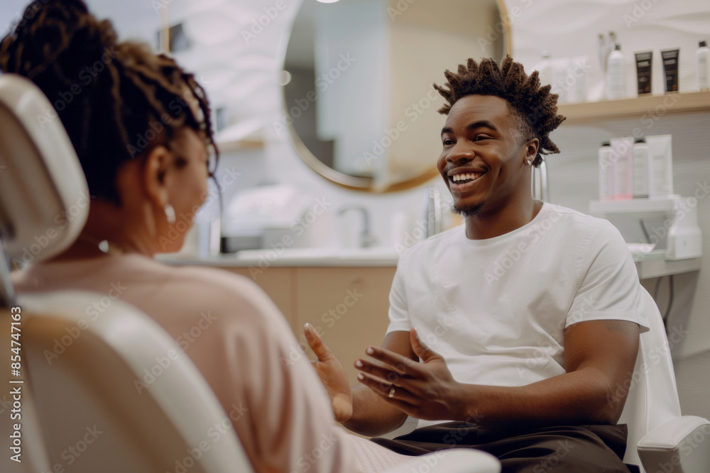 Obraz premium a man tells a woman about the procedures that will take place in a beauty salon
