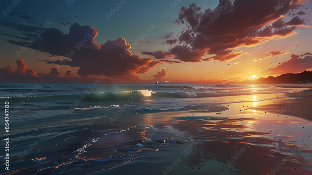 Obraz premium a serene beach at sunset with holographic waves washing onto the shore, reflecting the colors of the sky.