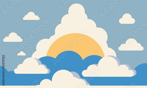 Cartoon clouds background, Sky and Clouds, Beautiful Background. Stylish design with a flat, cartoon poster, flyers, postcards, web banners. holiday mood, airy atmosphere. 