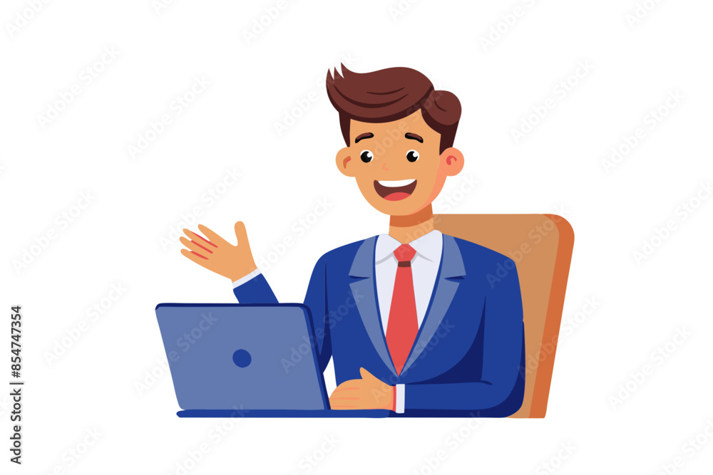 Smiling young man businessman sitting in the office at the desk and talking on a video call on the laptop gesturing with his hands modern flat design simple vector illustration isolated transparent Smiling young man businessman sitting in the office at the desk and talking on a video call on the laptop gesturing with his hands modern flat design simple vector illustration isolated transparent
