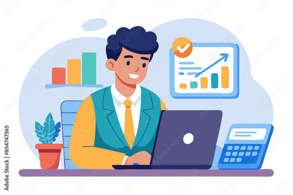 Serious and focused young Indian man working in the office on a laptop with data and accounting holding a calculator in his hand modern flat design simple vector illustration isolated transparent Serious and focused young Indian man working in the office on a laptop with data and accounting holding a calculator in his hand modern flat design simple vector illustration isolated transparent