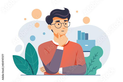 Thoughtful young man with glasses contemplating an idea indoors modern flat design simple vector illustration isolated transparent background;