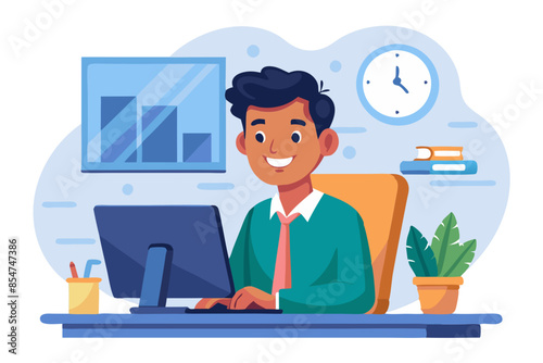 Smiling young Indian man sitting in the office at the desk and talking on a video call making an online recording conducting training remotely modern flat design simple vector illustration isolated