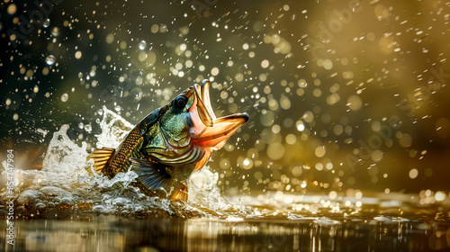 black bass (Micropterus salmoides) jumping from the water in a river - angling and river fishing concept photo