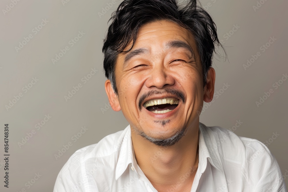 Portrait of a merry asian man in his 40s laughing on soft gray background Portrait of a merry asian man in his 40s laughing on soft gray background