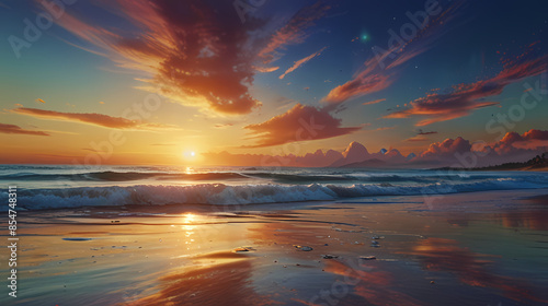 a serene beach at sunset with holographic waves washing onto the shore, reflecting the colors of the sky.