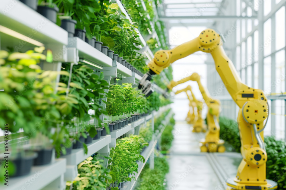 A yellow robot plants flowers on a plantation A yellow robot plants flowers on a plantation