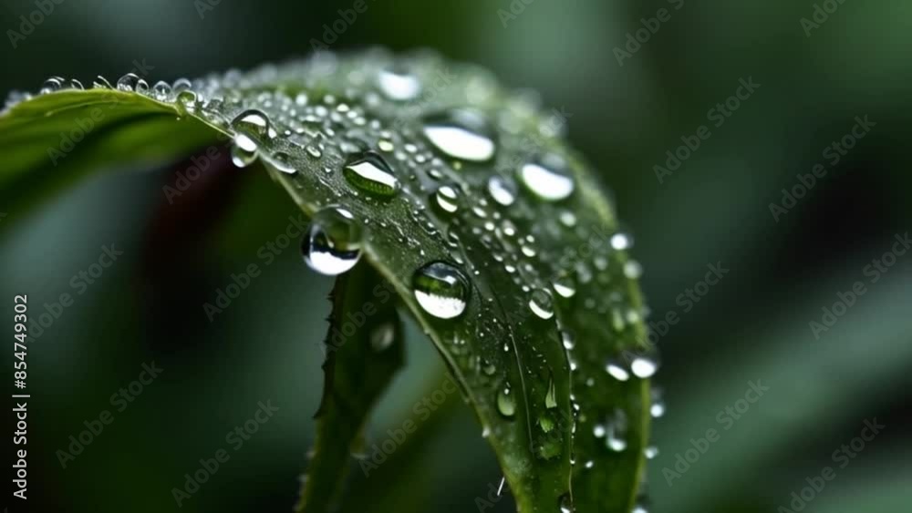 Water drops on a green leaf, closeup shot of dew on leaf in the woods, macro videography of water droplets on green leaf Generative AI Water drops on a green leaf, closeup shot of dew on leaf in the woods, macro videography of water droplets on green leaf Generative AI