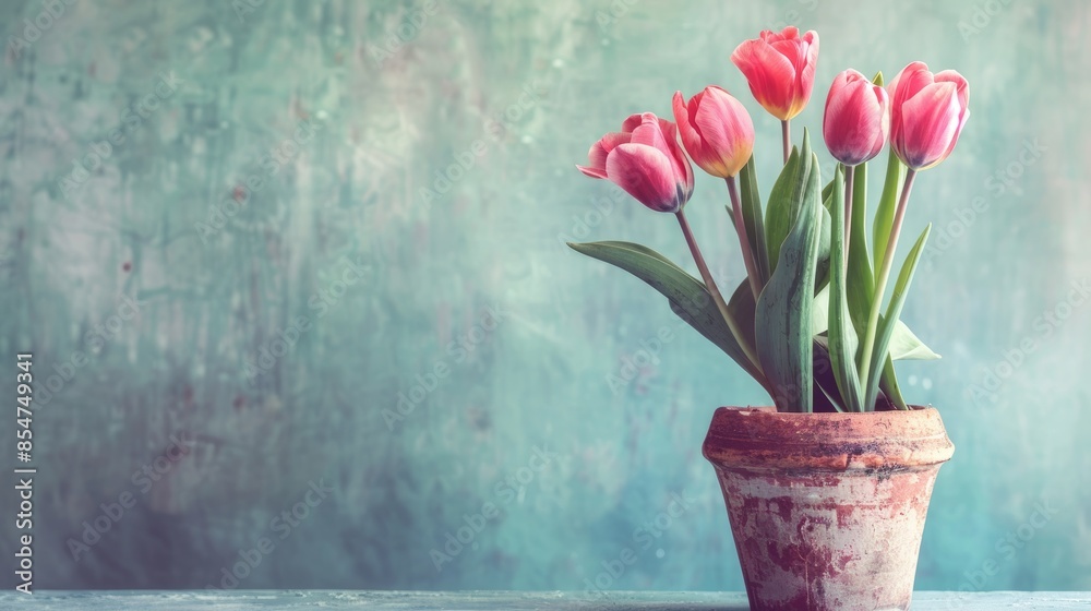 Home grown tulips in a pot with space for copying Home grown tulips in a pot with space for copying