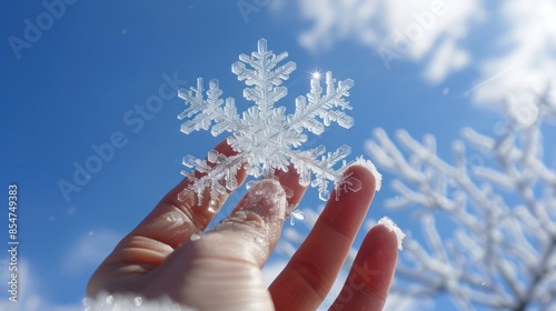 A hand holding a delicate snowflake in a clear blue sky, with a sense of purity and uniqueness