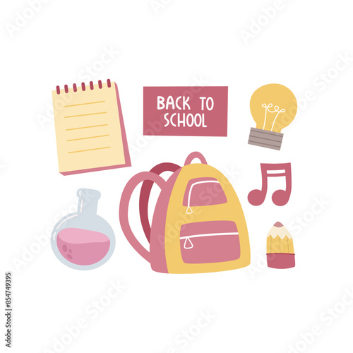 Buck to school. Cartoon set for children with thematic elements, hand drawing lettering. Colorful vector illustration, flat style. design for cards, print, poster, cover