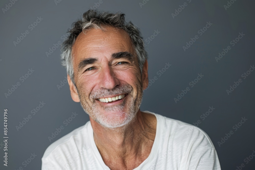 Portrait of a glad man in his 50s smiling at the camera isolated in soft gray background Portrait of a glad man in his 50s smiling at the camera isolated in soft gray background