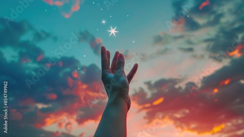 A hand reaching up to catch a falling star in a twilight sky, with a sense of wonder and possibility photo