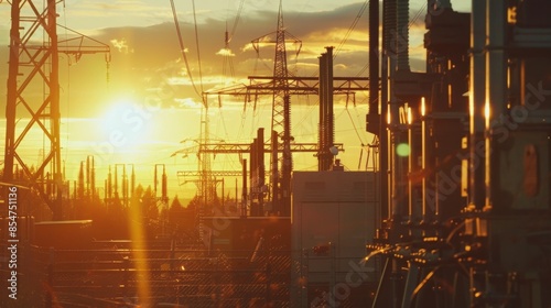 A silhouette of a power plant with towering transmission towers against a vibrant sunset sky. The image captures the industrial landscape and the energy infrastructure at work.