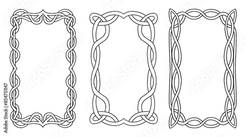 Set of rectangular frames in Celtic style. Black outline. Hand drawing vector.
