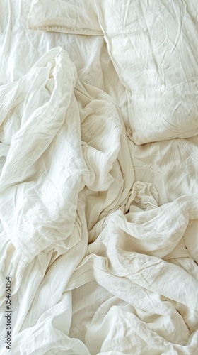 Wallpaper Mural a bed with white sheets and pillows, emphasizing its disheveled state against a plain white background. Torontodigital.ca