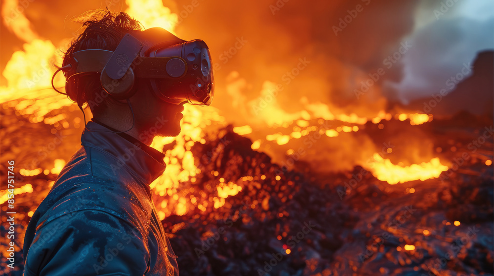 A virtual reality experience allowing users to explore the Ring of Fire from the comfort of their own home, immersing themselves in its natural wonders. Generative AI. A virtual reality experience allowing users to explore the Ring of Fire from the comfort of their own home, immersing themselves in its natural wonders. Generative AI.