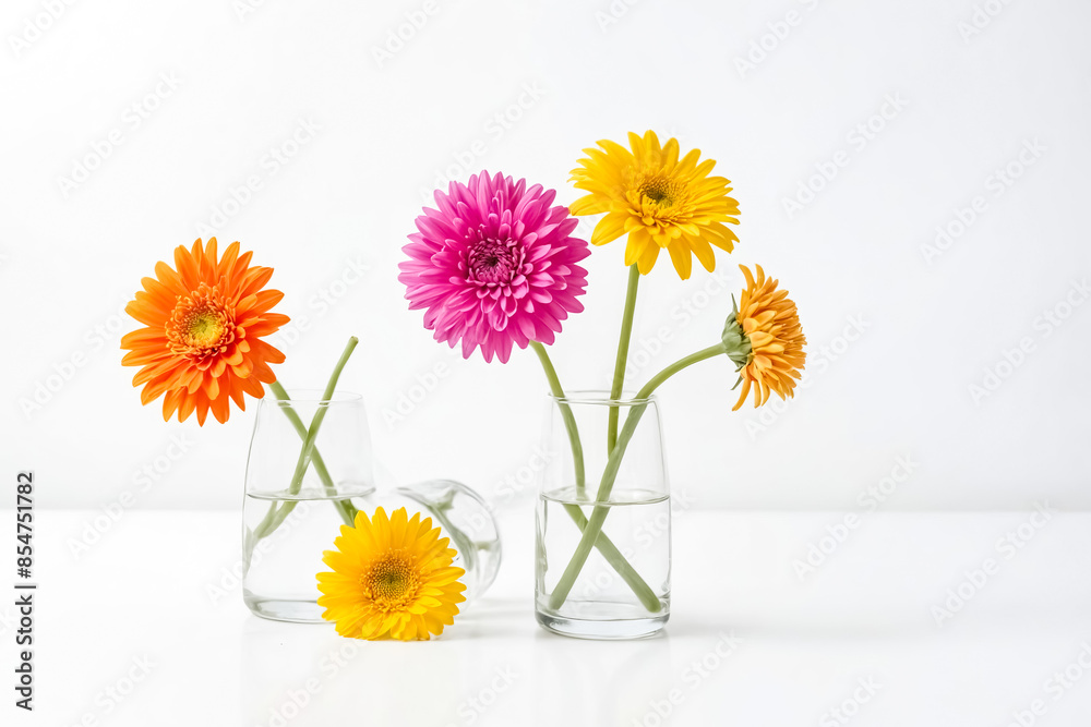 Fototapeta premium Colorful Gerbera Daisies in Glass Vases