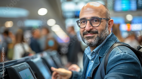 A man with a beard and glasses smiles at the camera while standing in an airport terminal. He is wearing a blue jacket and has a backpack on