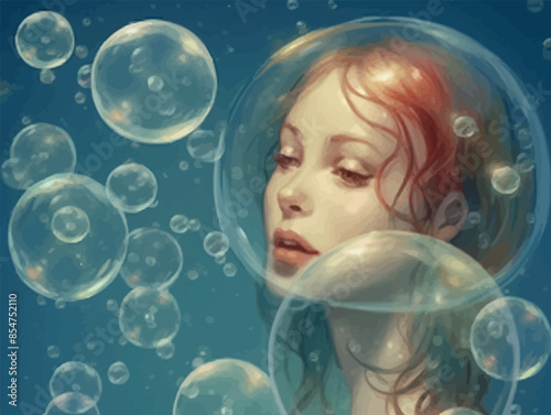 Anime girls in diving suits underwater surrounded by bubbles. A whimsical and enchanting illustration capturing the magical underwater world with anime characters in spacesuits and glossy bubbles.

