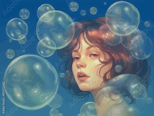 Anime girls in diving suits underwater surrounded by bubbles. A whimsical and enchanting illustration capturing the magical underwater world with anime characters in spacesuits and glossy bubbles.

