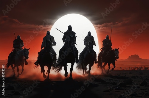 apocalyptic desert, moonlit night, Four Horsemen, white horse, red horse, black horse, pale horse.