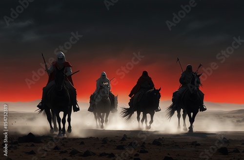 apocalyptic desert, moonlit night, Four Horsemen, white horse, red horse, black horse, pale horse.