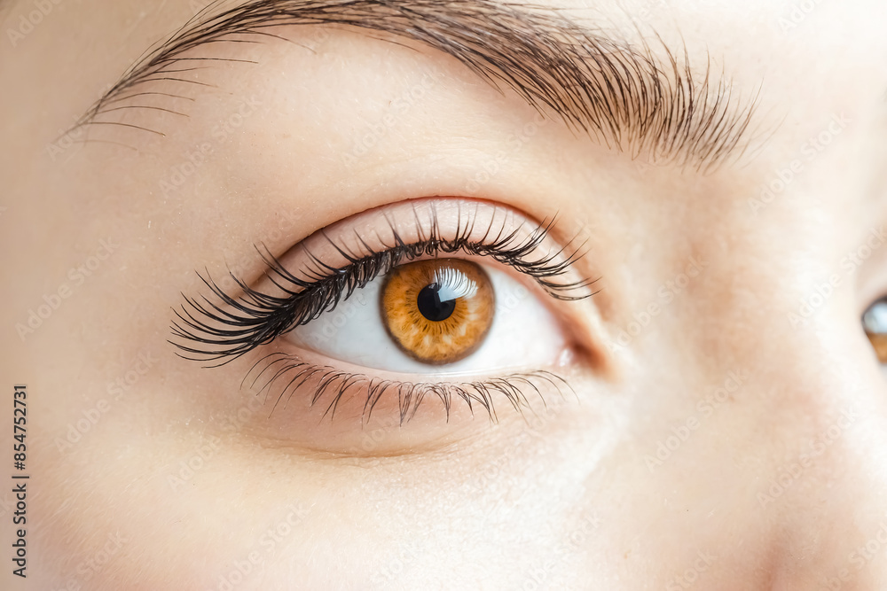 Obraz premium Close up of a woman's hazel eye with long eyelashes