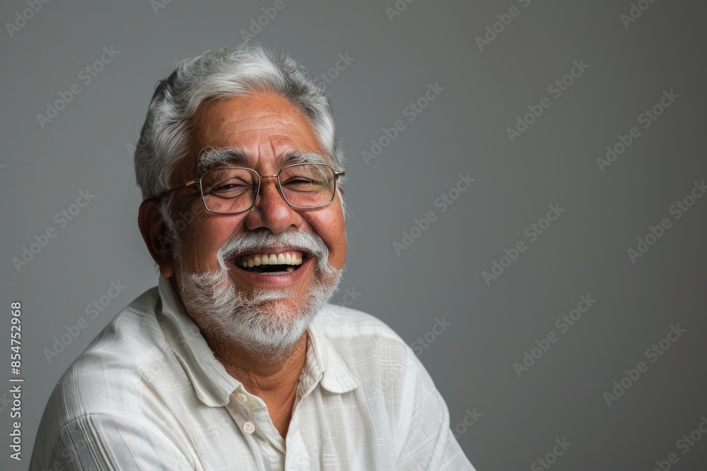 Portrait of a content indian man in his 60s laughing isolated in soft gray background Portrait of a content indian man in his 60s laughing isolated in soft gray background