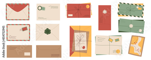 Flat craft sealed letters and mail collection design, cartoon handwritten post card and envelopes vector illustration, creative style handmade letter with wax seal and postcard isolated element set.