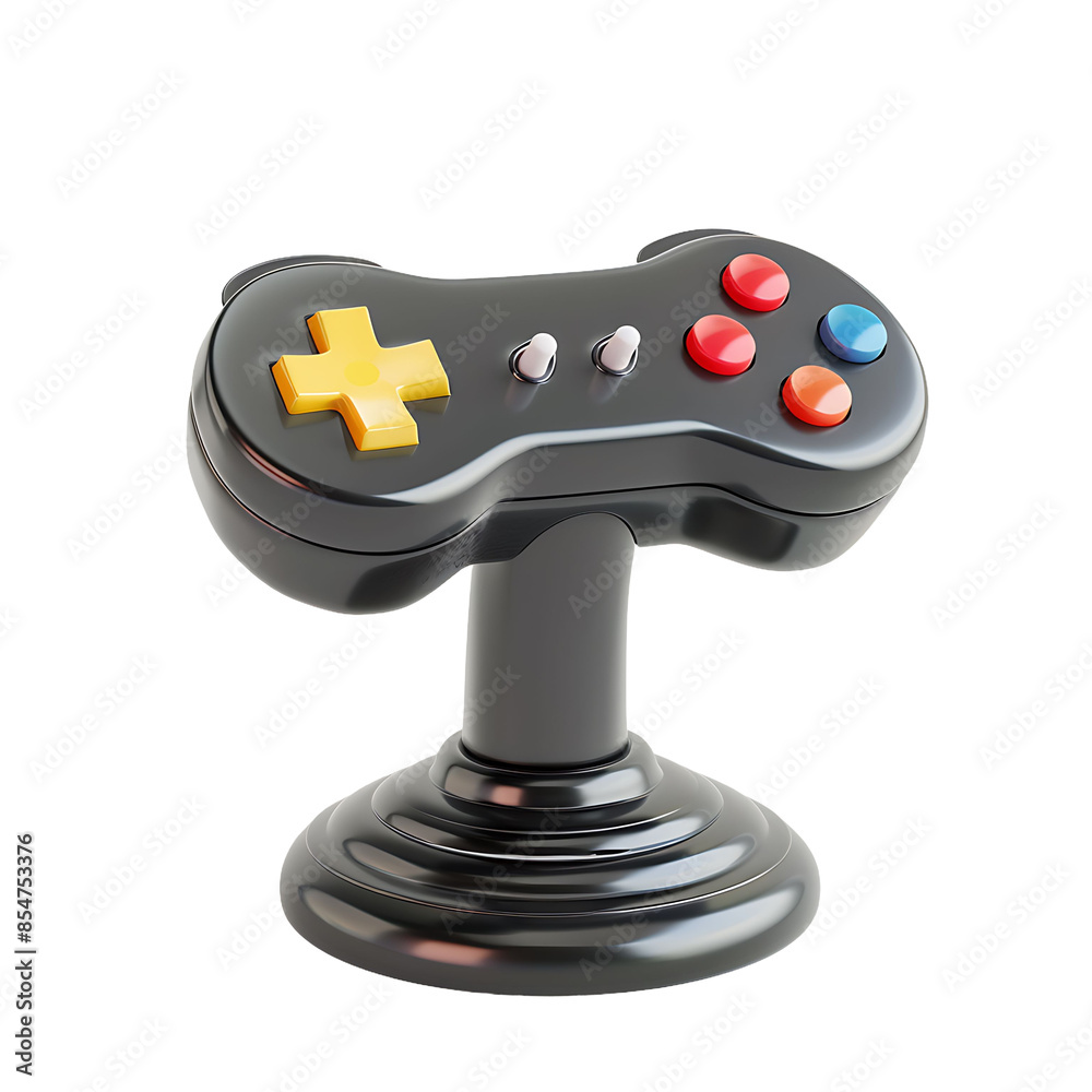 Black video game controller on a stand Black video game controller on a stand