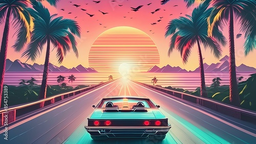 Retro car against the backdrop of the sun and palm trees. Summer in the style of the 80s, car at sunset.