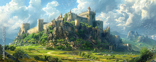 An ancient castle perched on a hilltop, its stone walls weathered by time and its history etched in its stones.