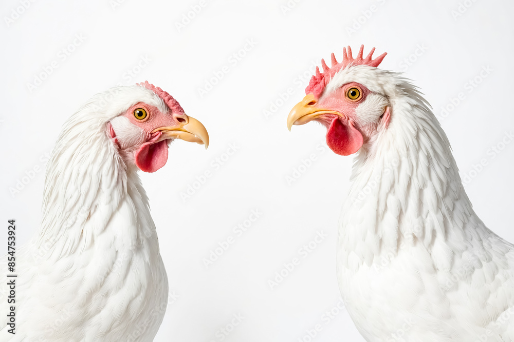 Two White Chickens Facing Each Other Two White Chickens Facing Each Other