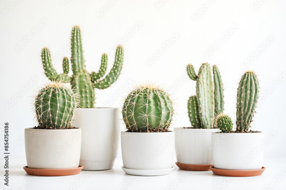 Five Cacti in White Pots on White Background
