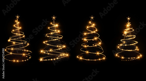 Christmas tree made of golden glowing lights on a black background, a 2D illustration design with 4 different styles, one in a spiral style and the other two have strai photo