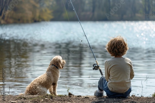 A child sits patiently by a lake with a fishing rod while their dog excitedly wags its tail nearby. photo