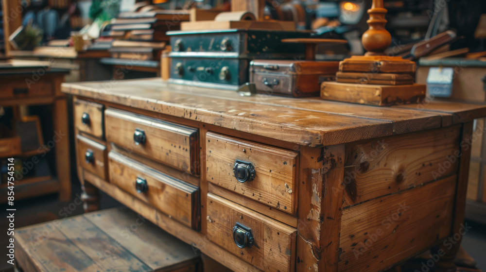 close up of wooden desk with drawers, and other furniture for sale in Furniture Store interior background close up of wooden desk with drawers, and other furniture for sale in Furniture Store interior background