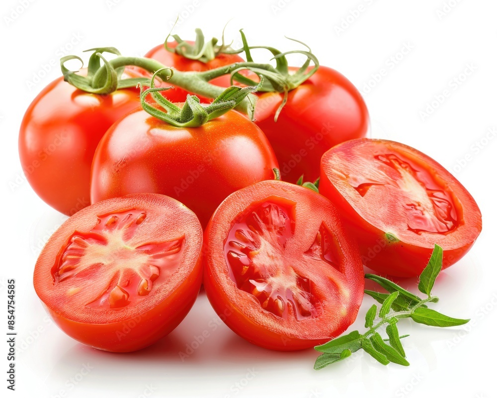 Tomatoes. Whole and Sliced Fresh Red Tomatoes in Organic Composition on White Background Tomatoes. Whole and Sliced Fresh Red Tomatoes in Organic Composition on White Background
