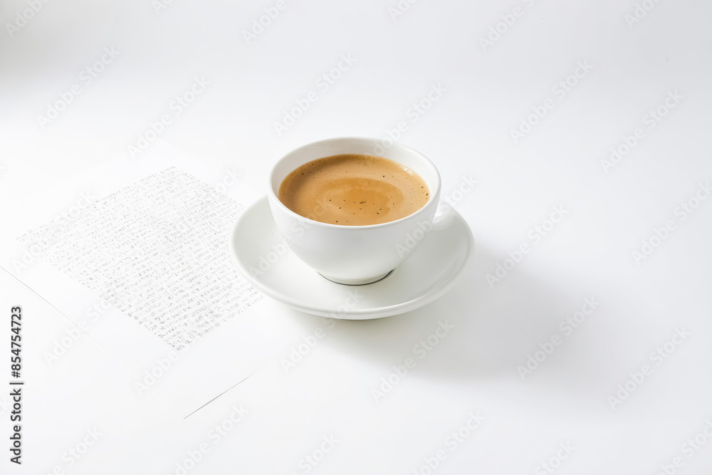 Close-up of a cup of coffee on a white background with a piece of paper with writing on it Close-up of a cup of coffee on a white background with a piece of paper with writing on it