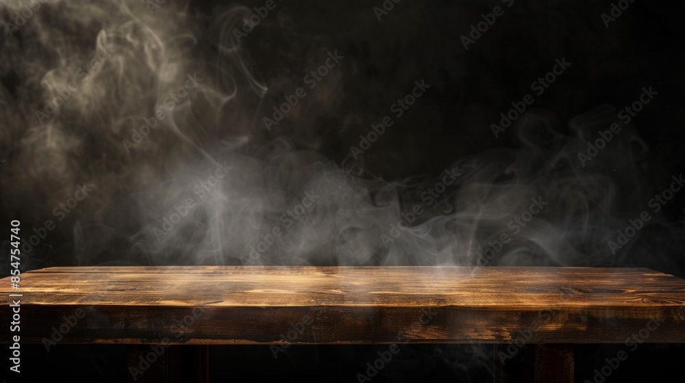 Empty Wooden Table with Rising Smoke against Dark Background Atmospheric, Rustic, Mysterious Empty Wooden Table with Rising Smoke against Dark Background Atmospheric, Rustic, Mysterious