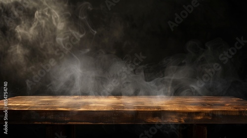 Empty Wooden Table with Rising Smoke against Dark Background Atmospheric, Rustic, Mysterious photo