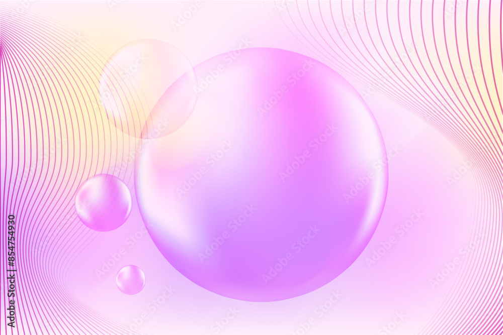 Obraz premium Abstract lavender violet, yellow, pink background with fluid round droplets and wavy lines, copy space, perfect for science presentations, modern posters, trendy cosmetics banners