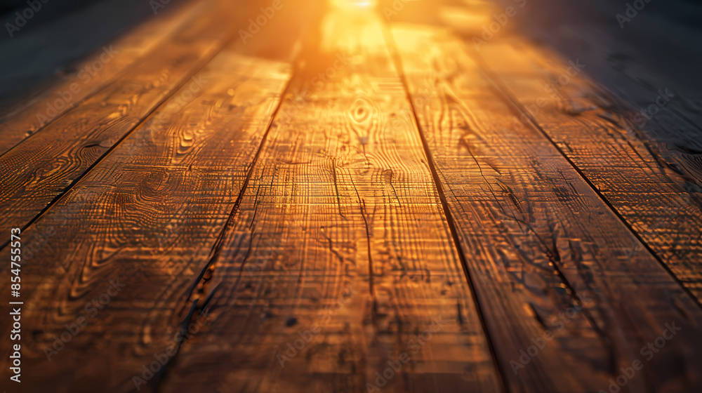 The sunlight shines through the wooden table, casting a warm light on the surface The sunlight shines through the wooden table, casting a warm light on the surface