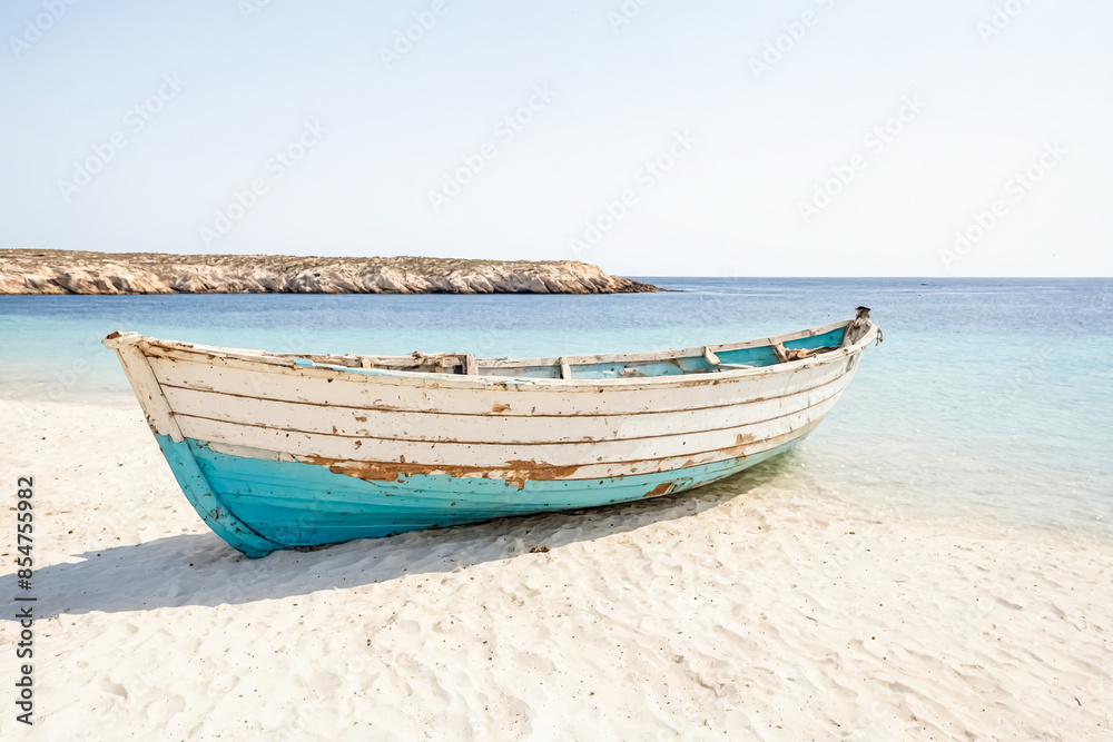 Old wooden boat on a white sand beach Old wooden boat on a white sand beach